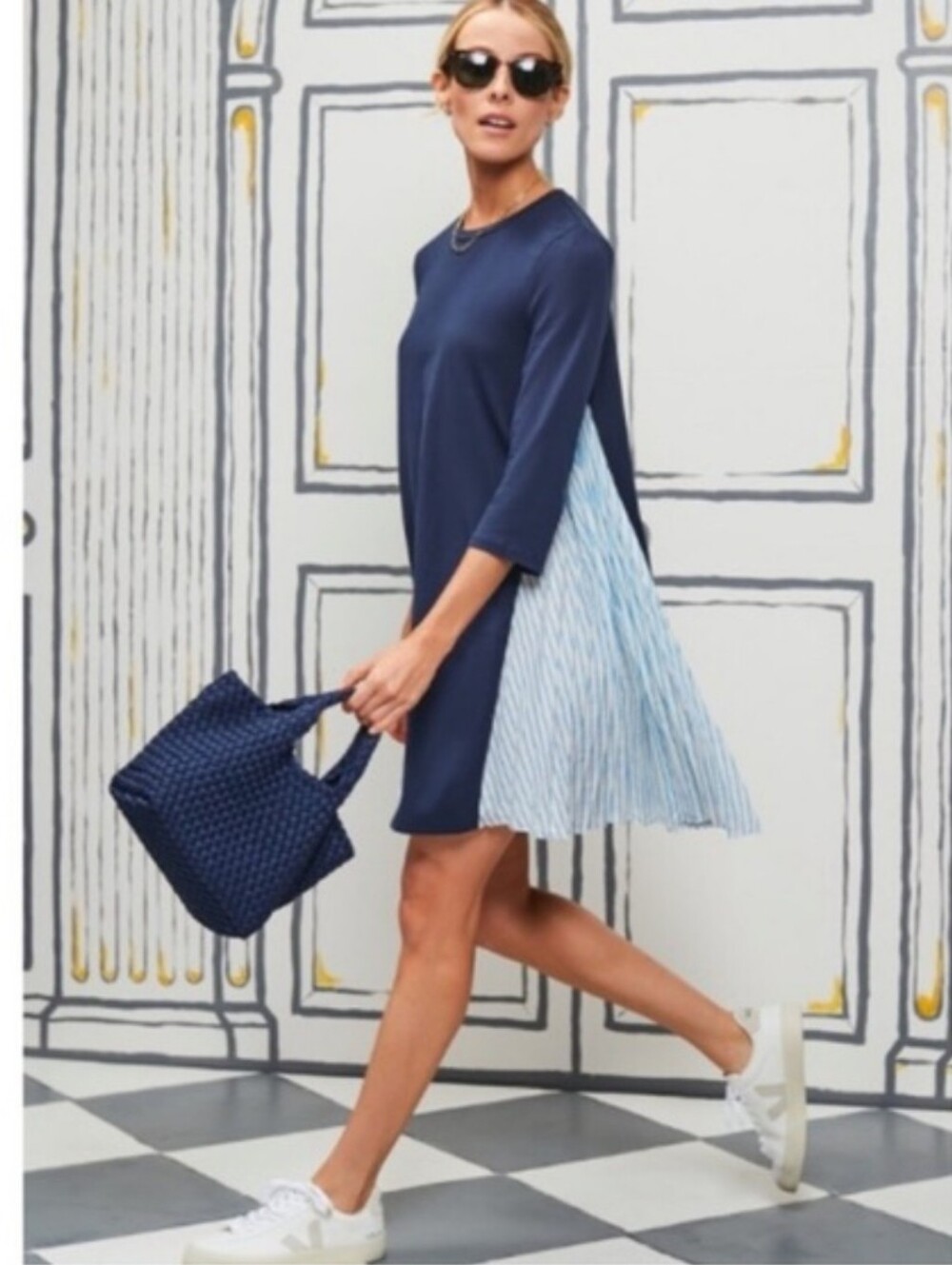 Pomander Place Tuckernuk Navy Midi Dress With Contrasting Pleated Side Panels XS